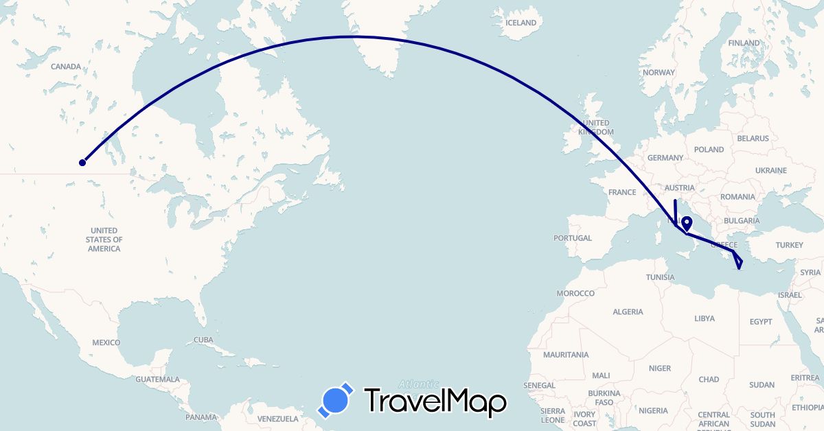 TravelMap itinerary: driving in Canada, Greece, Italy (Europe, North America)